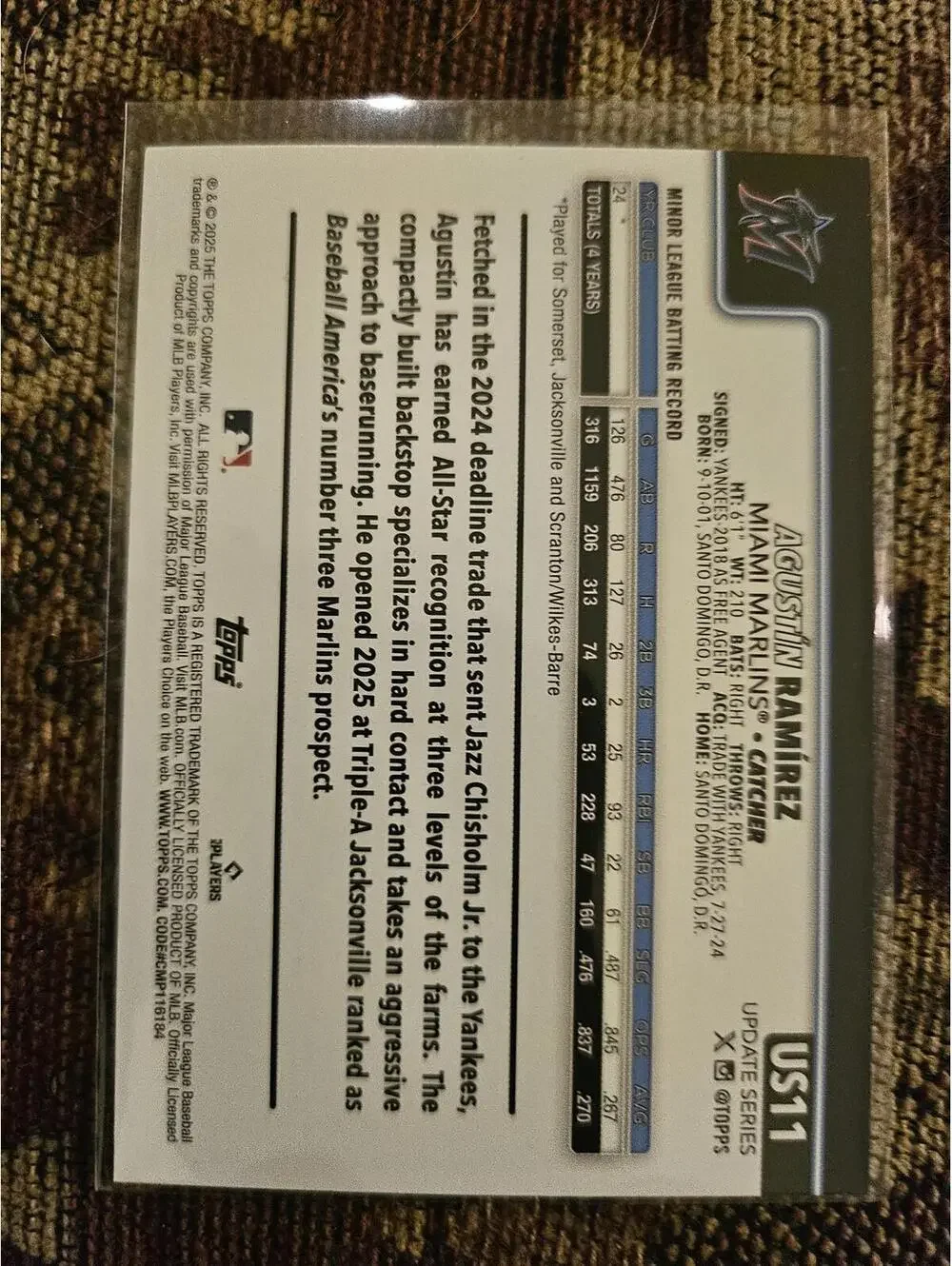 2025 Topps Update - Agustin Ramirez - RC  #US11 - Marlins - RAW Mint - Picture 2 of 2